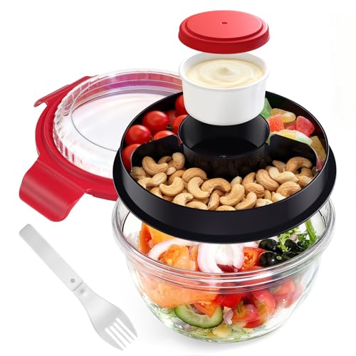 WHALEHOUSE Clear Eco-friendly SK chemicals ECOZEN Salad Container, 33OZ Portable Plastic Salad Bowls with Lid & Snack Tray, Leak-Proof Dressing Container, Reusable Fork, Lunch Box for Meal Prep (Red) - color: Red