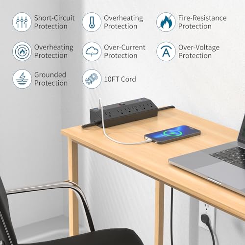 Desk Clamp Power Strip 2 USB C Desktop Mount Outlet Charging Station, 10FT Extension Cord Flat Plug with 6 AC, Removable 40W Fast Charging Surge Protector Power Strip Fits 1.8" Office Tabletop Edge