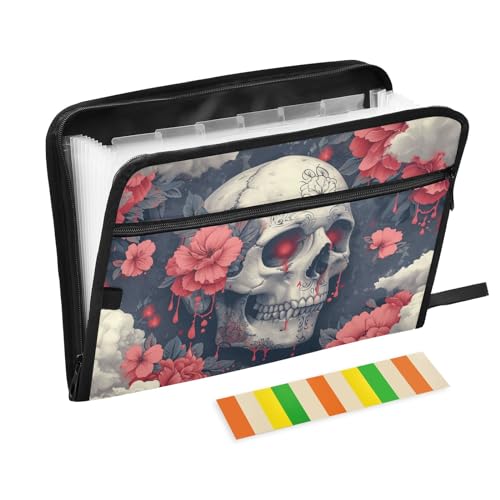 Skull Head with Flower 13 Pocket File Organizer Expanding File Folder with Front Pouch Portable Business Fire Storage Document Organizer Folder with Zipper - color: Skull