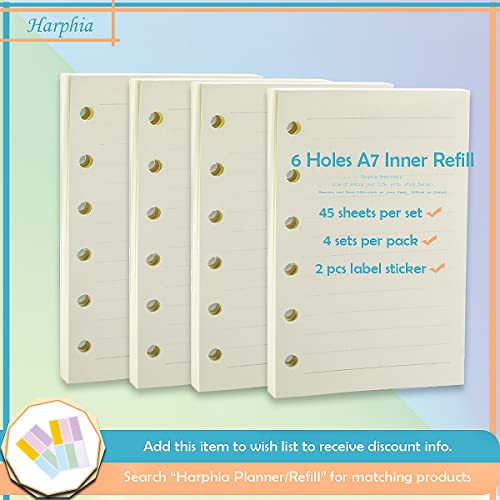 A7 Planner Refill,4 Packs per Set, Line Paper, A7 Binder Refills 6 Ring with Label Stickers Gift,Mini Binder Refills,6 hole/100gsm Thick Paper/4.84 x 3.23'', Harphia - color: Line