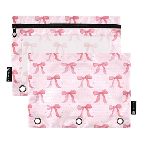 Pencil Pouch for 3 Ring Binder Cute Pink Ribbon Bow Binder Pencil Case with Smooth Zipper Clear Window Pencil Case 2 Pack for Office School College Supplies - color: Pink Ribbon Bow