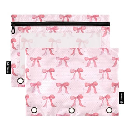 Pencil Pouch for 3 Ring Binder Cute Pink Ribbon Bow Binder Pencil Case with Smooth Zipper Clear Window Pencil Case 2 Pack for Office School College Supplies - color: Pink Ribbon Bow