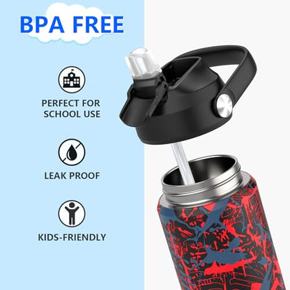 Boys Water Bottle with Straw,18 oz Kids Insulated Cups with Stainless Steel Leak Proof for School,Sport&Travel（Geometry-Red） - color: A17.Geometry-Red