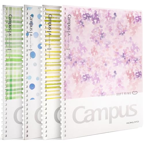 Kokuyo Spiral Notebook Journal, 4 Pack Campus B5 Soft Ring Notebooks with Dotted A 7mm Rule, 40 Sheets, Aesthetic 1 Subject Notebook in Blue Pink Yellow Green, College Office Note Taking. Japan Import - color: Watercolor