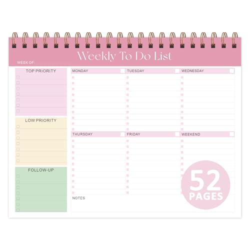 Weekly To Do List Notepad, 52 Sheets Undated Weekly Planner, 8.5"x11" Letter Size Horizontal Desk Pad with 100GSM Thick Paper, Twin-Wire Spiral Bound Tear Off Lined Organizer for Office Work, School & Home - color: Pink