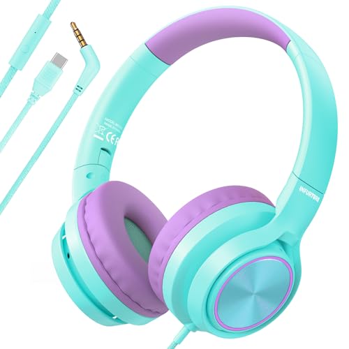 INFURTURE Kids Headphones for School with 3.5mm/USB C Headphones & HD Mic | Over-Ear Headphone for School, Foldable Type C Headphone, Safe Volume for iPad/Travel/Tablets/Classroom, Back to School gift - color: Green