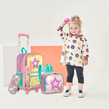 School Kids Rolling Backpack for Girls With Wheels Trolley Wheeled Backpacks Travel Bags 3PCS With Lunch Box Kids Rolling Suitcase Pink - color: Magic Color-1216-2