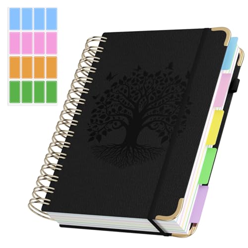 QIYVLOS Hardcover Spiral Notebook, A5 Journal with Removable Dividers Tabs, 5 Subject Notebook College Ruled, 320 Pages 6"x8" Leather Notebooks for Work School Study, Lined Journal for Women, Black - color: A5/Black