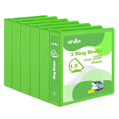 ViVin Sturdy 1.5 Inch 3 Ring Binder with Pockets, Slant-D Ring, PVC-Free, Customizable Clear View Binder,Holds 350 Sheets of 8.5" x 11" Paper, 6 Pack (Ivy Green) - color: Ivy Green, size: 1.5 Inch