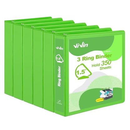 ViVin Sturdy 1.5 Inch 3 Ring Binder with Pockets, Slant-D Ring, PVC-Free, Customizable Clear View Binder,Holds 350 Sheets of 8.5" x 11" Paper, 6 Pack (Ivy Green) - color: Ivy Green, size: 1.5 Inch