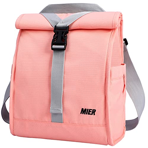MIER Insulated Lunch Bag Roll Top Lunchbox for Women Men Adults Foldable Rolltop Lunch Tote with Shoulder Strap for Work Office Picnic, Water Bottle Holder, Pink - color: Pink