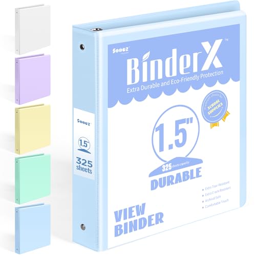 BinderX Extra Durable 1.5 Ring Binder, Round Ring 1.5 Inch Binders, Fits 325 Sheets of 8.5x11 Paper, Customizable View Cover with Inside Pockets, Cute 1.5" Binder, School Supplies for Girls, Blue - color: Light Blue, size: 1.5 inch