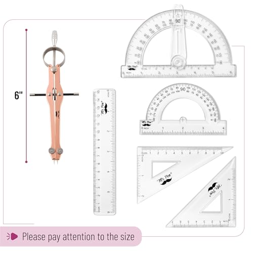 Mr. Pen- Geometry Set, 15 pcs, Rose Gold & Pink | 6 Inch Swing Arm Protractor, Divider, Set Squares, Ruler, Compasses and Protractor - color: Rose Gold & Pink