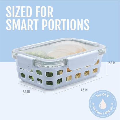 Ello Duraglass 3.4 Cup Meal Prep Sets 10Pc, 5 Pack Set- Glass Food Storage Container with Silicone Sleeve and Airtight BPA-Free Plastic Lids, Dishwasher, Microwave, and Freezer Safe, Halogen Blue - color: Halogen Blue with Sleeve