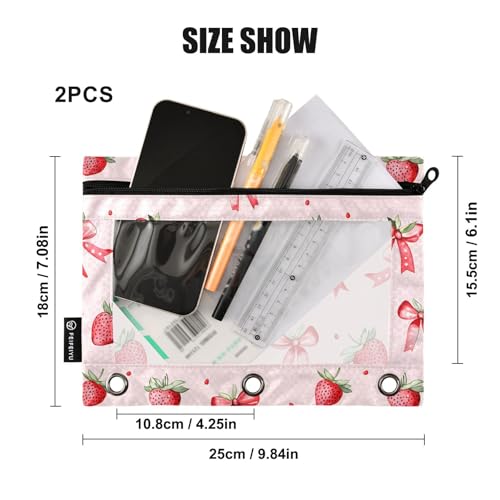2 Pack Pencil Pouches for 3 Ring Binder, Pink Strawberries Bows Pattern Zipper Pouch, Pencil Case for Binder, Clear Top Pen Bag with Grommets for Office School College