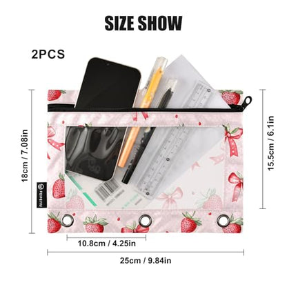 2 Pack Pencil Pouches for 3 Ring Binder, Pink Strawberries Bows Pattern Zipper Pouch, Pencil Case for Binder, Clear Top Pen Bag with Grommets for Office School College
