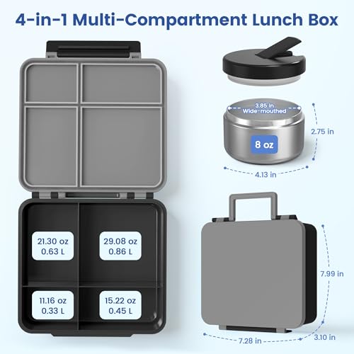 LOHASOK Bento Lunch Box Kids with 8oz Soup Thermo, Leak-Proof Lunch Containers with 4 Compartment, Thermo Hot Food Jar and Insulated Lunch Box for School Black - color: Black