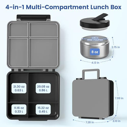 LOHASOK Bento Lunch Box Kids with 8oz Soup Thermo, Leak-Proof Lunch Containers with 4 Compartment, Thermo Hot Food Jar and Insulated Lunch Box for School Black - color: Black