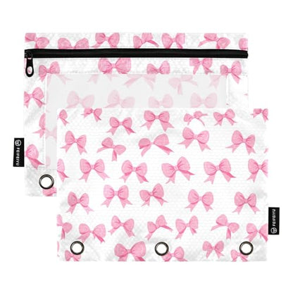 2 Pack Pencil Pouch for 3 Ring Binder Pink Bow Pencil Case Pouch with Clear Window Zipper Binder Pencil Pouches Pen Bag for Office School Supplies - color: Pink Bow