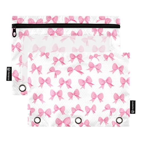 2 Pack Pencil Pouch for 3 Ring Binder Pink Bow Pencil Case Pouch with Clear Window Zipper Binder Pencil Pouches Pen Bag for Office School Supplies - color: Pink Bow