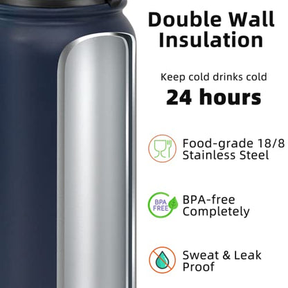 Fanhaw 20 oz Insulated Stainless Steel Water Bottle with Anti-Dust Chug Lid, Leakproof Vacuum Metal Everyday Use Bottle for Kids, Teens & Adults, Back to School Essentials (Navy Blue) - color: Navy Blue, style: 20 Ounces