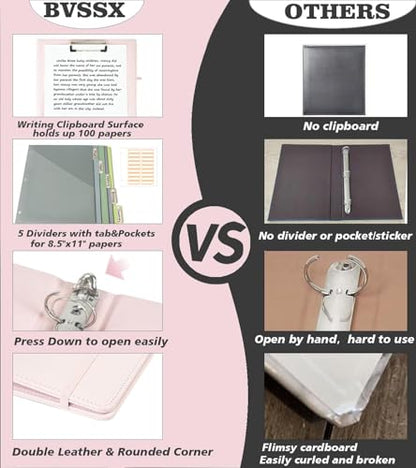 3 Ring Binder, 1 Inch Leather Binders with Clipboards, 5-Tabs Pockets Dividers, 18 Divider Stikers, Plastic Folder, Pen Holder, Three Ring Binder with Pen Holder(Pink, Letter Size) - color: Pink, size: 1in（Letter Size）