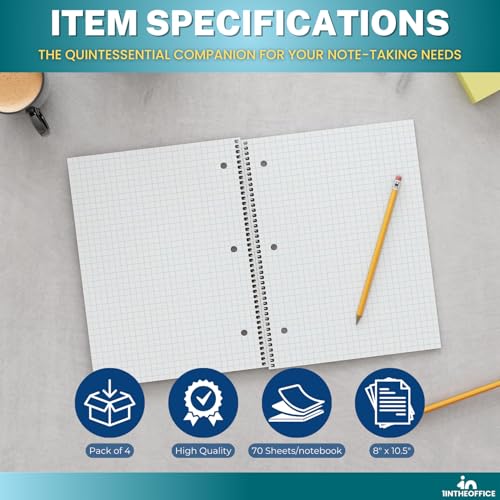 1InTheOffice Graph Paper Notebook, Spiral Notebook, Quad Ruled Graph Paper, 8 x 10.5 Inch, 5 Squares per Inch, 70 Sheets, 4 Pack