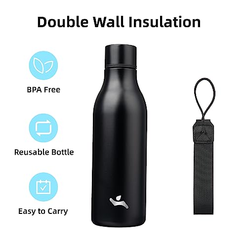 Konokyo Insulated Water Bottle with Strap,18 oz Double Wall Stainless Steel Vacuum Bottles Metal Water Flask,Black - color: Black, size: 18 Ounces