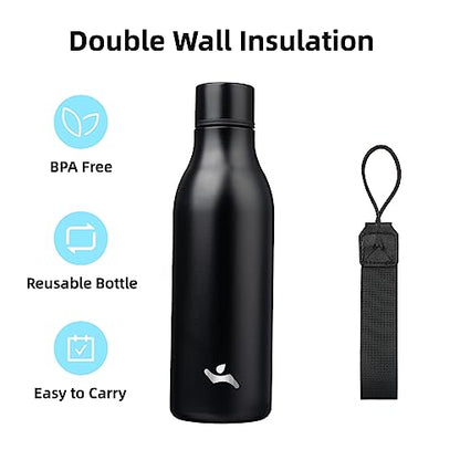 Konokyo Insulated Water Bottle with Strap,18 oz Double Wall Stainless Steel Vacuum Bottles Metal Water Flask,Black - color: Black, size: 18 Ounces