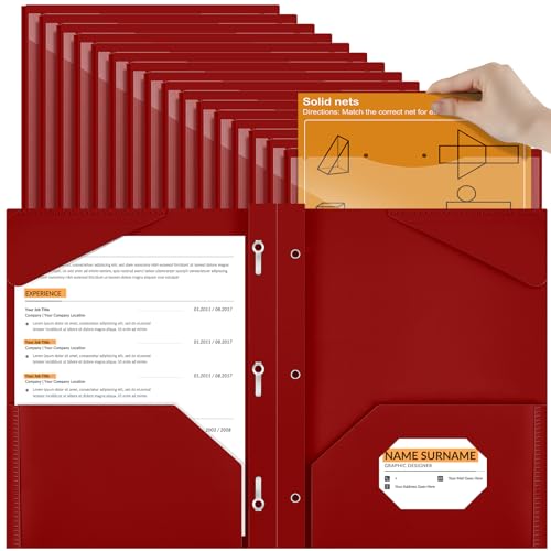 Henoyso 48 Pcs Plastic Folder with Clear Front Pocket and 3 Prongs Heavy Duty Plastic Folders with Card Slot Pocket Folders with Prongs for School Office Home(Dark Red) - color: Dark Red