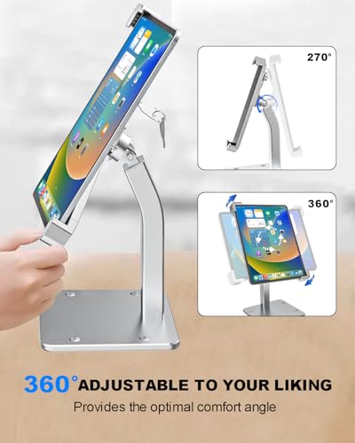 Heavy-Duty iPad Kiosk Stand with Lock and Key Mechanism, Anti Theft Desktop Tablet Security Stand, Fits 9-14" Tablets, 360° Rotation Retail POS Tablet Stand for Business & Commercial Use
