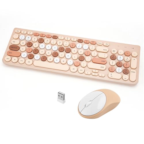 Wireless Keyboard and Mouse Combo, Retro Typewriter Keyboard with Round Keycaps, 2.4GHz USB Cute Wireless Keyboard Mouse for Computer, Desktop, Laptop (Milk Tea Colorful) - color: Milk Tea Colorful