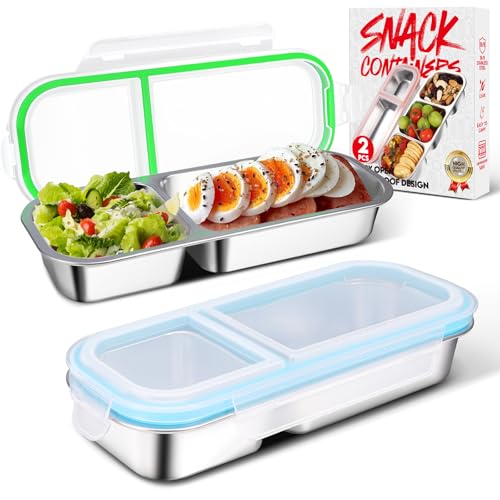 2 Pack Stainless Steel Snack Containers with Lids - Reusable 2 Compartment Snackle Box Container Divide Wet Dry Leakproof Metal Food Storage Containers for School, Home, Travel (Blue + Green) - color: Blue + Green, size: 2 Compartment of 1 pack