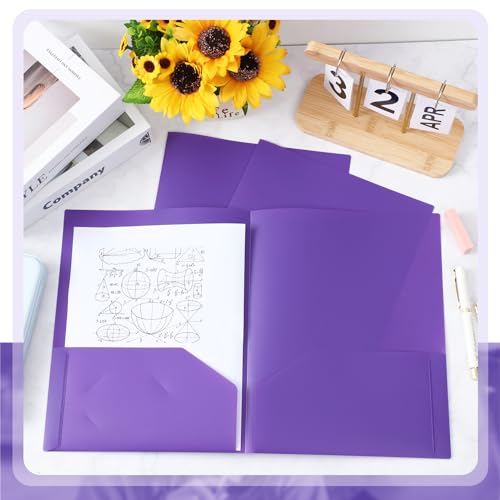 Gueevin 50 Pcs Plastic Folders with Pockets, Back to School Two Pocket Folder Fit Letter Size, Heavy Duty School Business Card Holder for Home Office, 11. 61 x 9. 45 Inches (Purple) - color: Purple