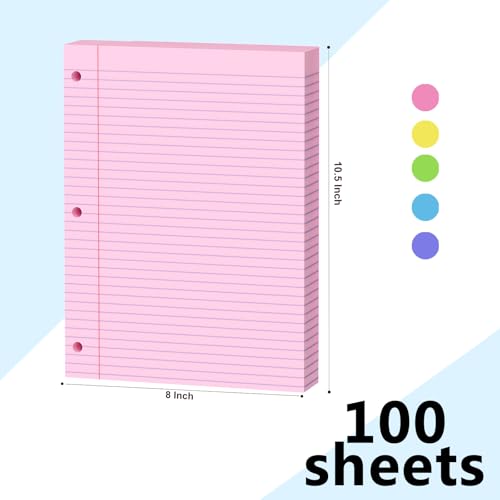 Pink Loose Leaf Paper 200 Sheets Colored Filler Paper 2 Pack 8 * 10.5 College Ruled 3-Hole Punched Paper for 3-Ring Binders Notebook Lined 8" x 10.5" - color: Pink 2 Pack