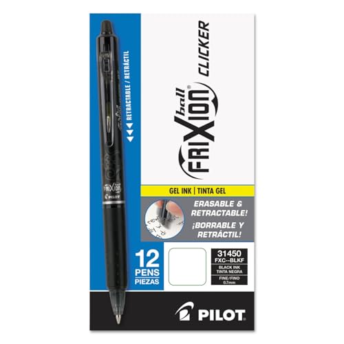 Pilot, FriXion Clicker Erasable Gel Pens, Fine Point Pens 0.7 mm, Pack of 12, Black