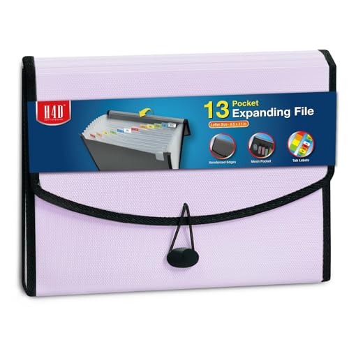 H4D 13-Pocket Accordion File Organizer, Expanding File Folder, Pale Lilac | Extra Back Mesh Pocket, Letter Size Paper, Pre-Printed and Customizable Labels, Expandable Document Organizer - color: Pale Lilac