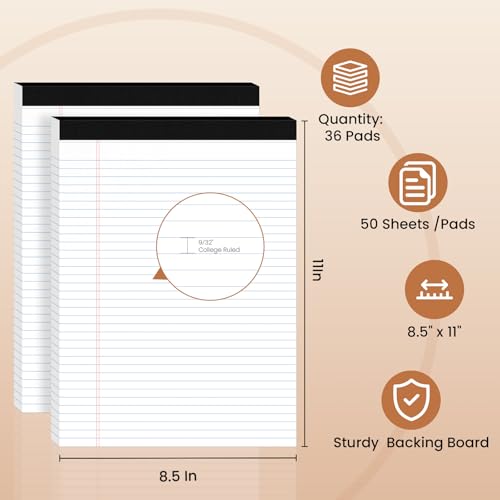 36Packs Legal Pads 8.5 x 11 Inch, 50Sheets/Pack, College Ruled & Perforated White Writing Pads, Pads of Paper 8.5 x 11, Lined Note Pads with Sturdy Backing for Office, Business & School Supplies - color: White, style: 36 Pads-50 Sheets/Pads