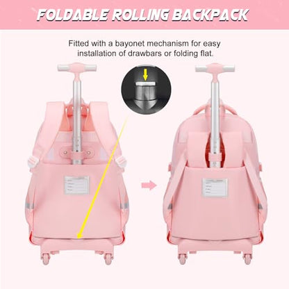 DIGOBAY Rolling Backpack for Girls, Roller School Bag with Wheels, Wheeled Backpacks with Lunch Bag Pencil case for Elementary School Bookbags with Cute Pins Pink - color: Pink