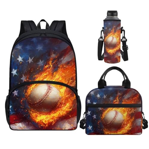 Horeset Baseball Flame American Flag Backpack for Kids Boys Travel Casual Backpack with Picnic Lunch Box Water Holder Case Primary Elementary School Bag Bookbag Set of 3Pcs 5-8 8-10 Years - color: Baseball Flame American Flag