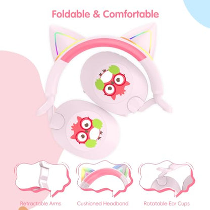 LOBKIN Kids Headphones with Microphone Bluetooth 6.0, Toddler Headphones LED Ligh Rotatable Foldable Sensitive Mic Adjustable 85/94dB Volume Limit Real-time Audio Feedback for Boys Girls Online School