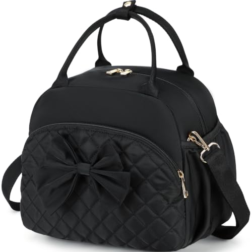 LEDAOU Lunch Bag for Women, Cute Insulated Lunch Tote with Quilted Bow, Reusable Lunch Box Bag with Adjustable Shoulder Strap, Front Zip Pocket & Side Pockets for Work Office School Picnic, Black - color: Black Bow Tie, size: Large 13L