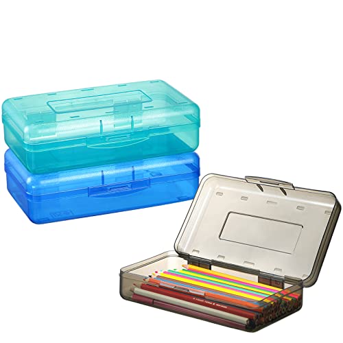 Sooez 3 Pack Pencil Case, Large Hard Pencil Box Bulk, Clear Crayon Box Marker Pen Organizer, Plastic Storage Container with Snap Lid, Stackable Art Craft Organizer Back to School Supplies - color: Green,Dark gray,Navy blue, size: 3 Pack