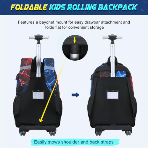 Scothen 3PCS Rolling Backpack for Boys, Cool Gamer Roller Backpack with Wheels, Kids Boy Wheeled Backpacks with Lunch Bag Pencil Case for Teens Bookbag Kindergarten Elementary Middle School - color: Red Blue Lighting