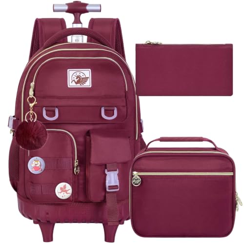 CCJPX Rolling Backpack for Girls, 21 inch Women Roller Wheels School Bookbag, Laptop Wheeled Water Resistant Wheeled Bookbag Set - Red - color: Red