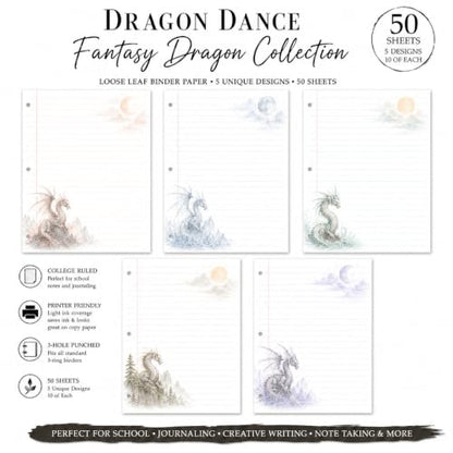 Dragon Dance Fantasy Faerie Loose Leaf Paper, 50 Sheets, College Ruled