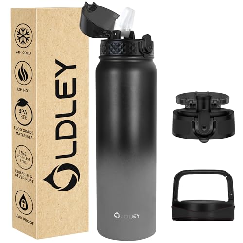 Oldley Insulated Water Bottle 32oz Water Bottles with Straw, Stainless Steel Water Bottle with 3 Lids, Double Wall Vacuum Bottles for Adult Kids, Sports Bottles for School Travel,Black Gray - color: Black Gray, size: 32 Ounces