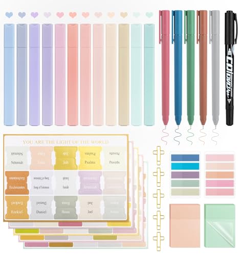Bible Journaling Kit, Colored Bible Study Supplies, 12 Pastel No Bleed Highlighters and 5 Colored Pens, Transparent Sticky Notes and Bible Tabs Set and More, Book Annotation Kit for Women & Men - color: 32pcs-pastel