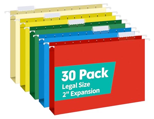 HERKKA Extra Capacity Legal Size Hanging File Folders, 30 Pack Reinforced Legal Size Hanging Folders with Heavy Duty 2 Inch Expansion, Designed for Bulky Files, Medical Charts, Assorted Colors - size: 2 Inch Expansion