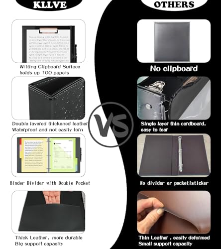 3 Ring Binder 1 Inch, Leather Binders with Clipboards, KLLVE Three Ring Binder with 10 Pocket Divider(Black, Letter Size) - color: Black